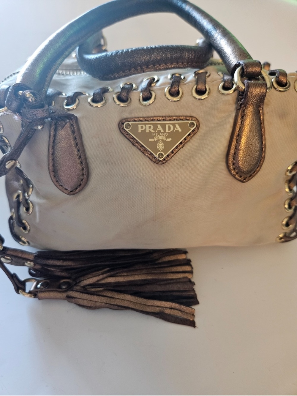 Prada Cream Mini Bag with Bronze Trim and Tassel - Picture 5 of 13